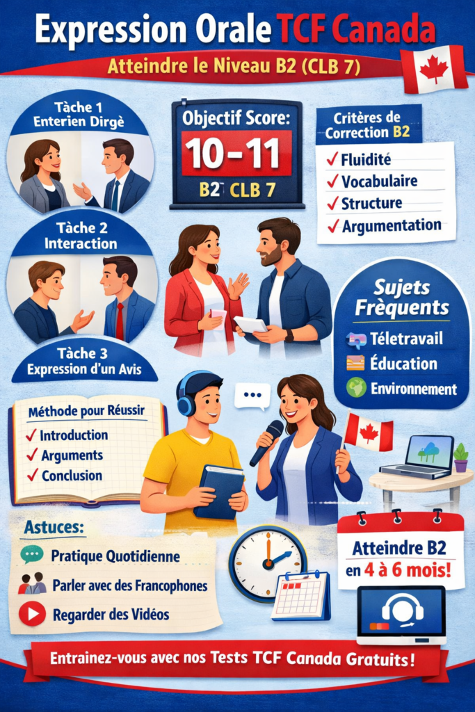 Candidat préparant le TCF Canada Illustration pour l’expression orale TCF Canada niveau B2 (CLB 7) avec méthodes et astuces pour réussir.